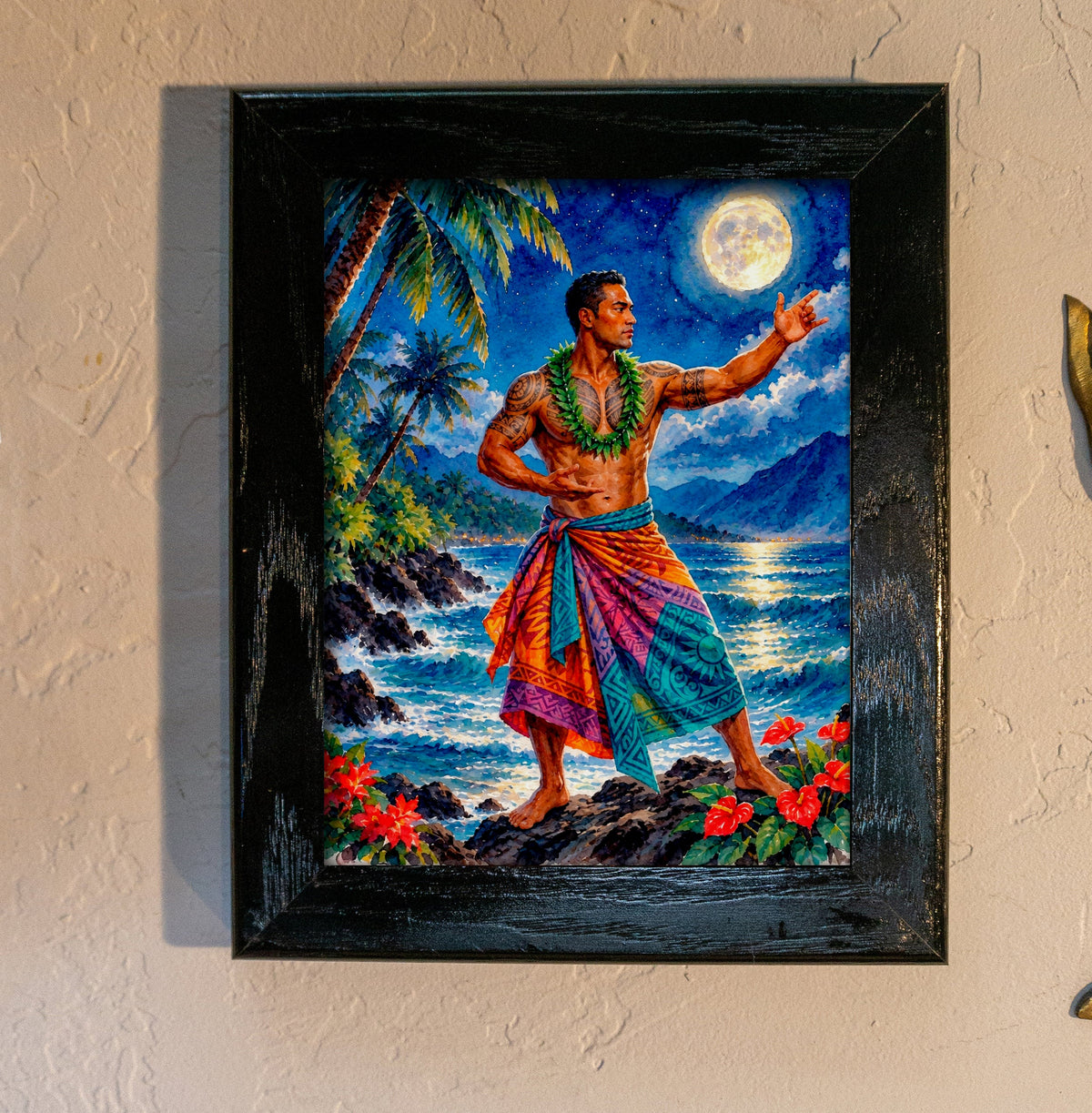 Hawaiian male hula dancer moonlight wall art in a black wood frame on a textured wall | Beach Hut Decor