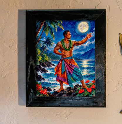 Hawaiian male hula dancer moonlight wall art in a black wood frame on a textured wall | Beach Hut Decor