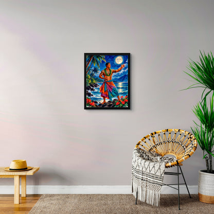 Male hula dancer moonlight wall art styled in a living room with a rattan chair and palm | Beach Hut Decor