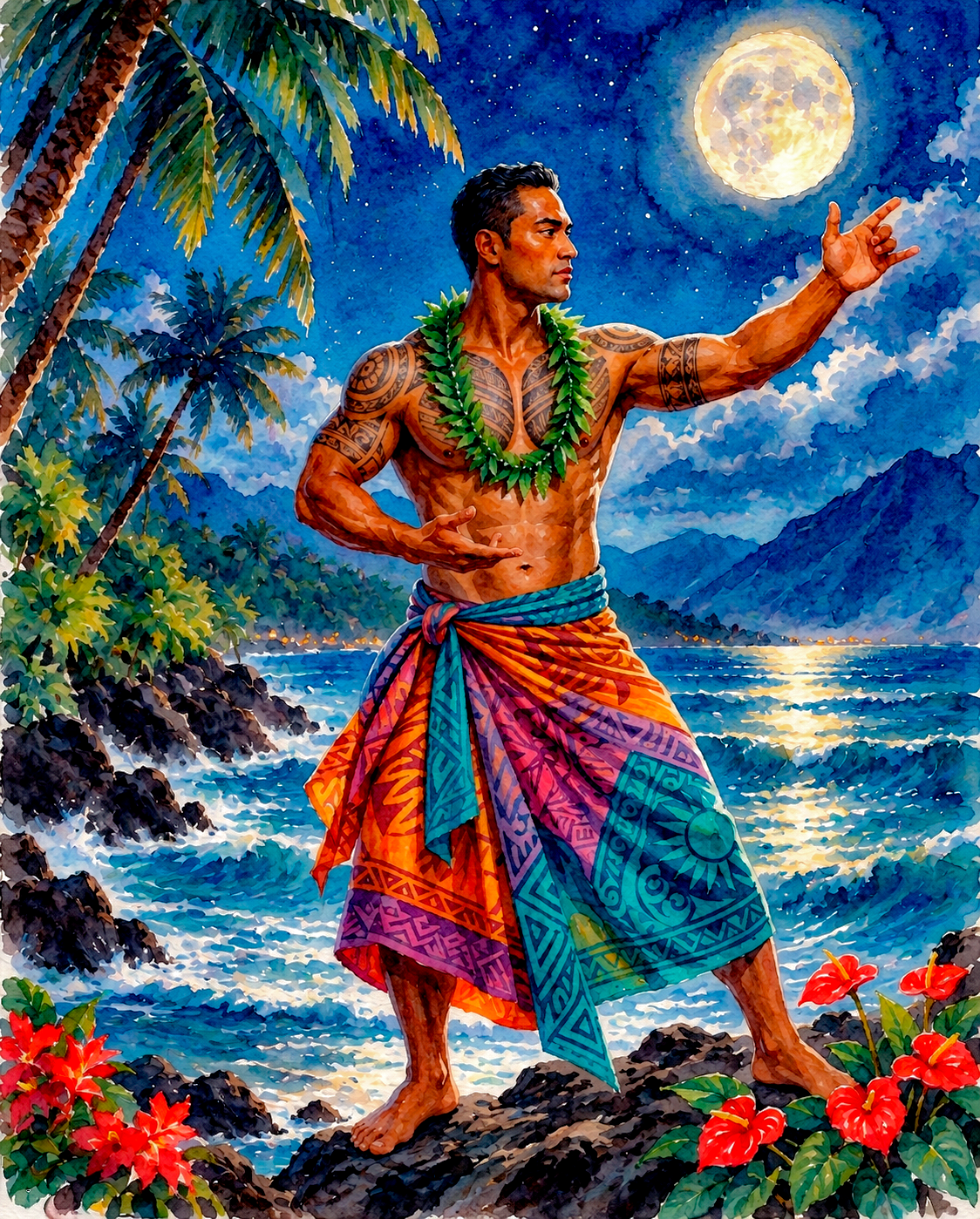 Full artwork: tattooed male hula dancer with lei and pareo on lava rock under a full moon | Beach Hut Decor