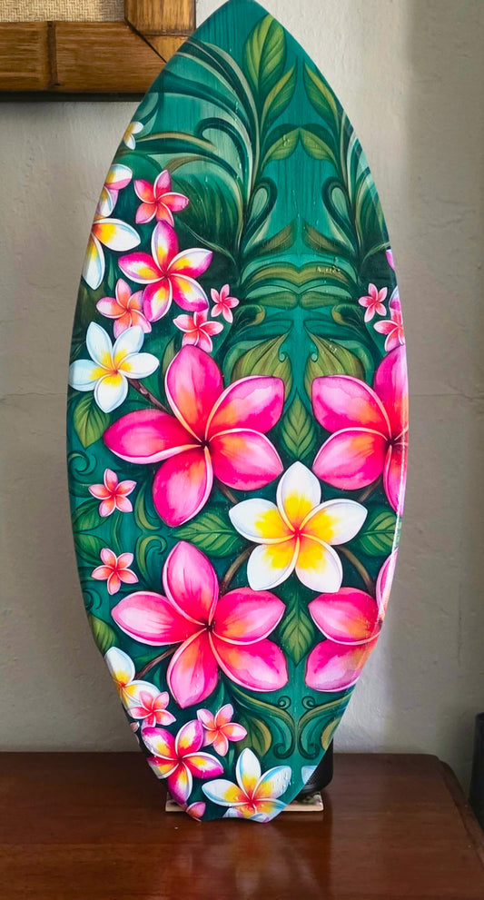 Plumeria surfboard wall art – tropical Hawaiian wood decor with pink and white frangipani flowers, 8.5 by 20 inches