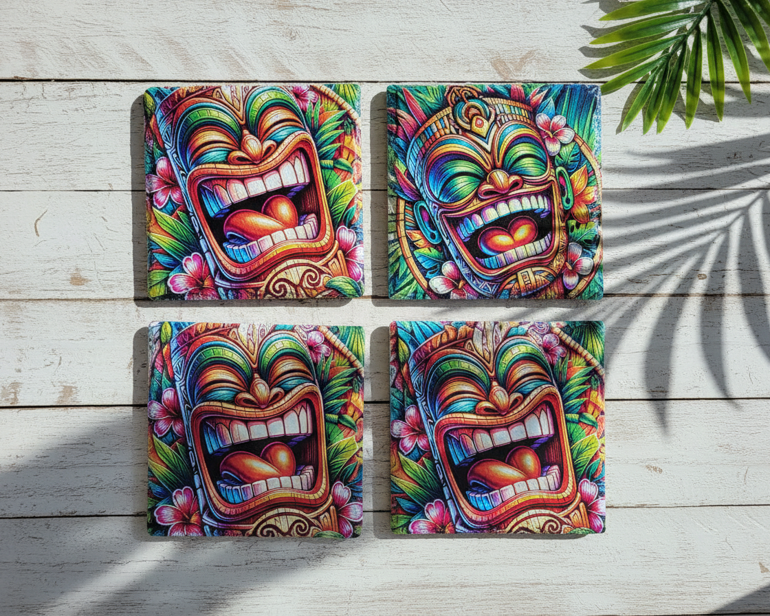 Vibrant Polynesian Tiki Coaster Collection – Slate Tiki Bar & Coastal Home Decor — lifestyle styled view | Beach Hut Decor
