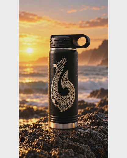 Black Engraved Fish Hook 20 oz Insulated Water Bottle