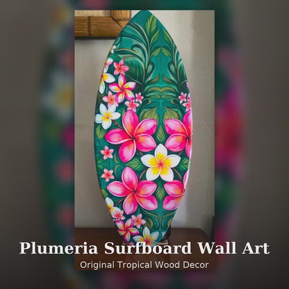 Plumeria Surfboard Wall Art – Tropical Hawaiian Wood Wall Decor & Beach Sign (8.5" × 20")
