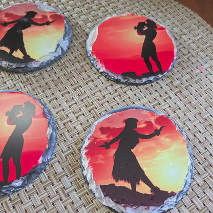 Hula Dancer Sunset Slate Coasters – Set of 4 Rock Drink Coasters with Hawaiian