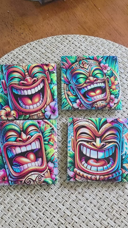 Vibrant Polynesian Tiki Coaster Collection – Slate Tiki Bar & Coastal Home Decor | Set of 4