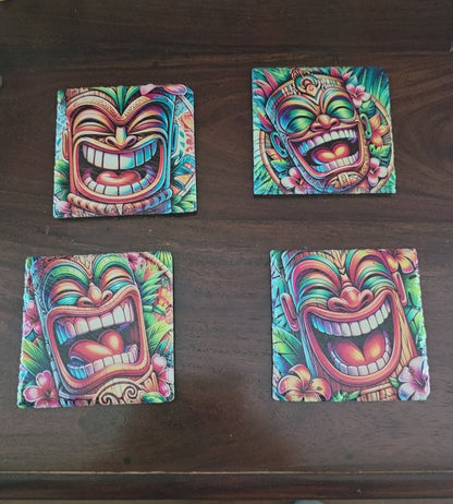 Vibrant Polynesian Tiki Coaster Collection – Slate Tiki Bar & Coastal Home Decor | Set of 4