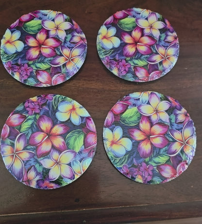 Plumeria Garden Slate Coasters – Stained-Glass Tropical Floral | Natural Stone | Set of 4