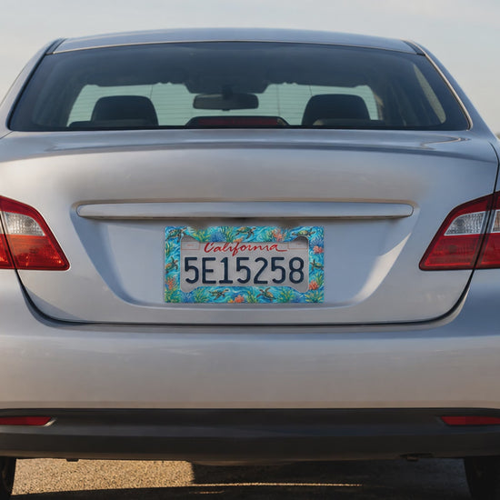 Ten-second illustrative lifestyle mockup showing the sea turtle coral reef license plate frame on a silver car at a coastal overlook.