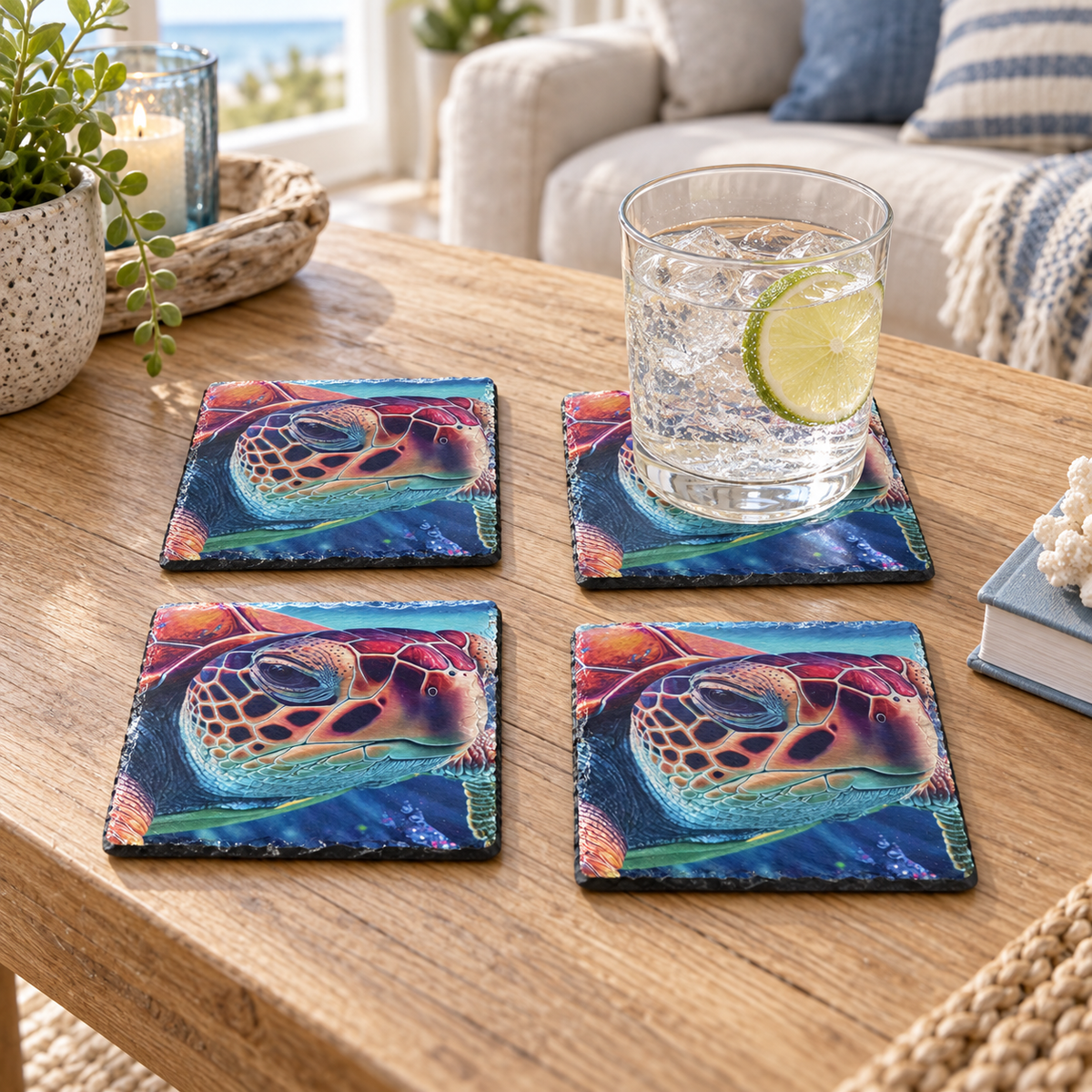 Illustrative coastal living-room scene with four square red and turquoise turtle coasters on a wood coffee table, with a glass on one coaster.