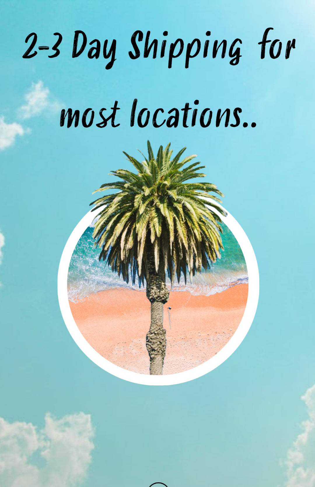 Turquoise shipping information card with a palm tree stating 2–3 day shipping for most locations.