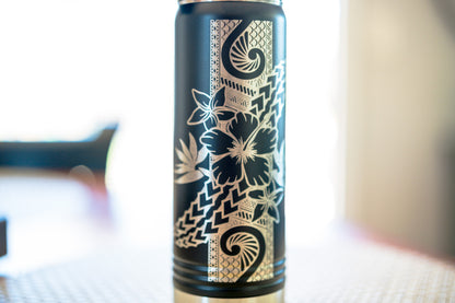 Black engraved hibiscus water bottle, silver tribal hibiscus engraving — detail close-up | Beach Hut Decor
