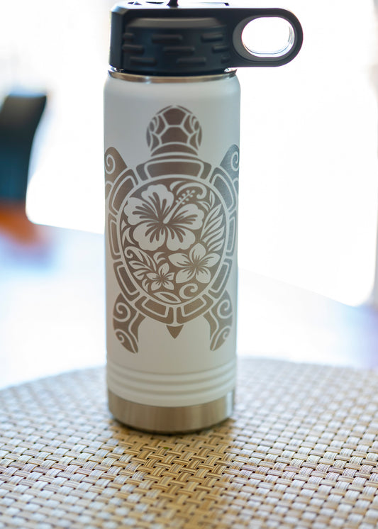White Tribal Sea Turtle 20 oz Insulated Water Bottle