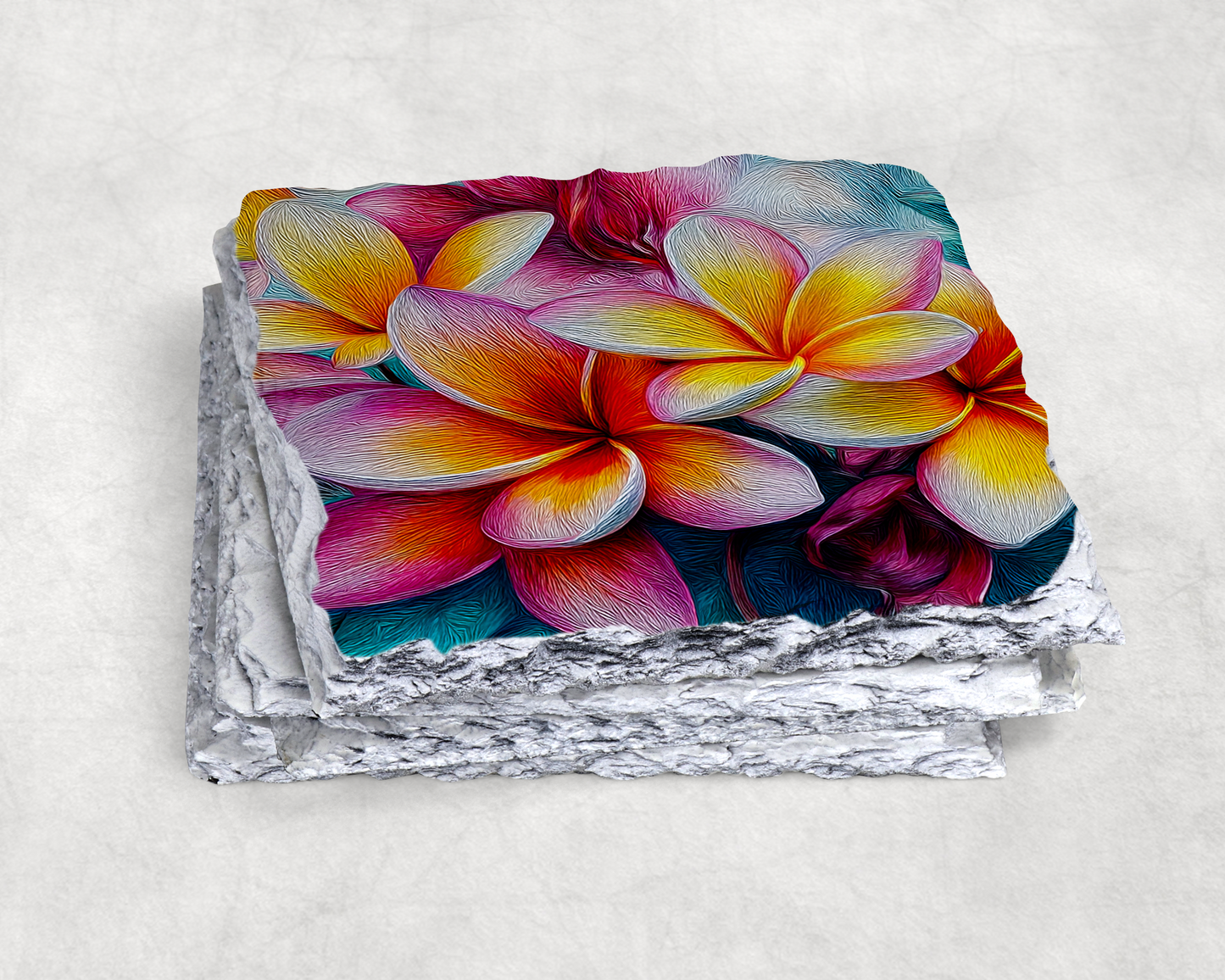 Plumeria Rock Slate Coaster Set – Tropical Floral HD Printed Natural Stone Coasters for Coastal Home Decor | Round or Square
