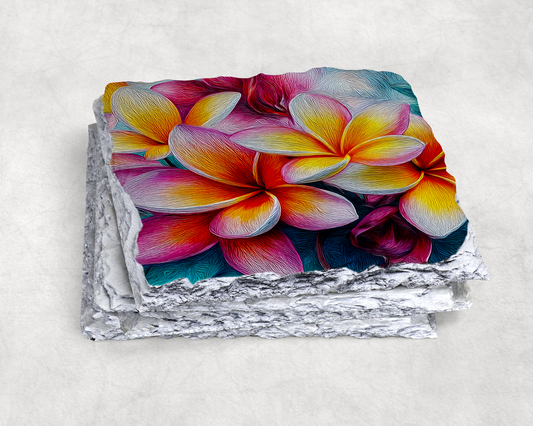 Plumeria Rock Slate Coaster Set – Tropical Floral HD Printed Natural Stone Coasters for Coastal Home Decor | Round or Square