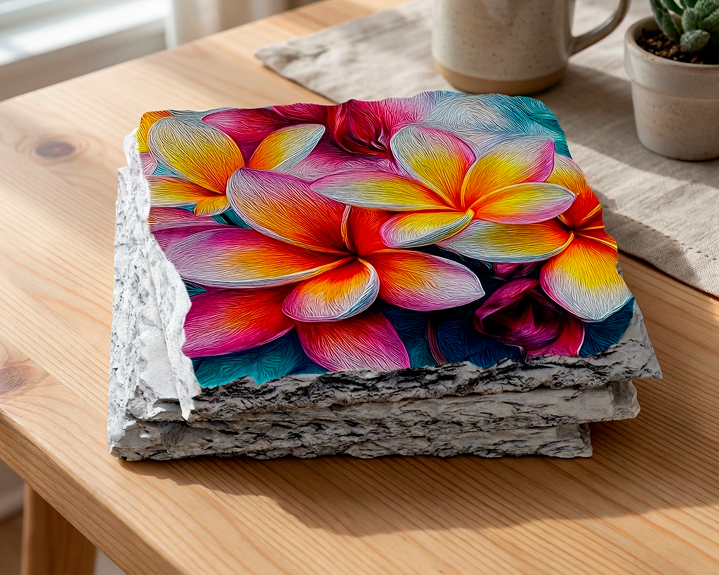 Plumeria Rock Slate Coaster Set – Tropical Floral HD Printed Natural Stone Coasters for Coastal Home Decor | Round or Square