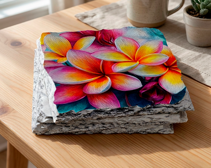 Plumeria Rock Slate Coaster Set – Tropical Floral HD Printed Natural Stone Coasters for Coastal Home Decor | Round or Square