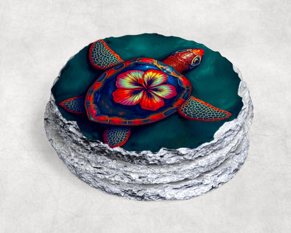 Hibiscus Turtle Coaster - Stunning coaster featuring a vibrant turtle