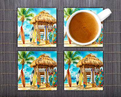 Surf Shack Slate Coasters – Round or Square | Tropical Tiki Bar Decor
