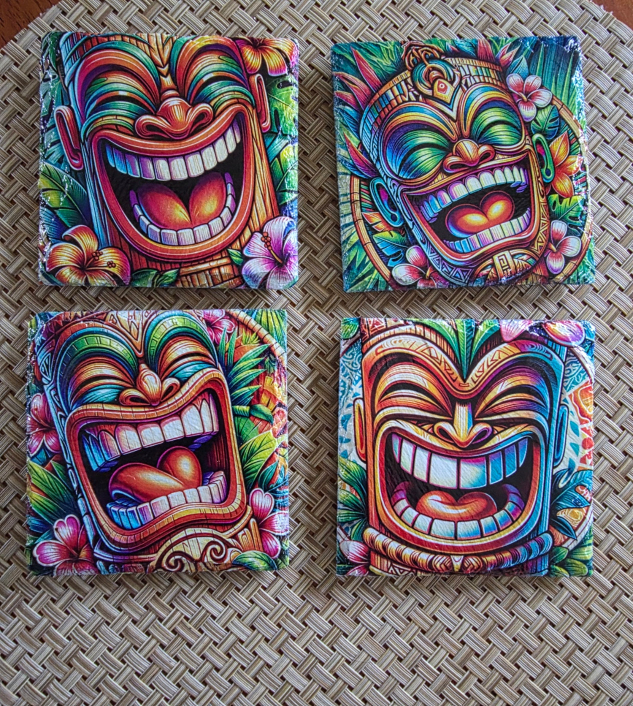 Vibrant Polynesian Tiki Coaster Collection – Slate Tiki Bar & Coastal Home Decor — primary product photo | Beach Hut Decor