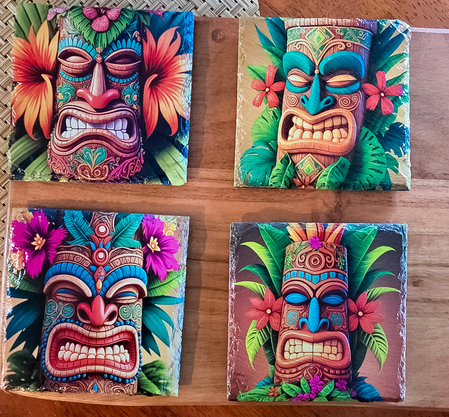Tiki Slate Rock Drink Coasters – Tropical Tiki Bar & Coastal Home Decor | Set of 4