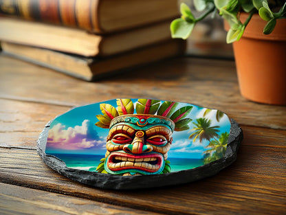 Tiki Totem Face Coasters Set - Vibrant Tropical Drink Coasters for Beach Vibes