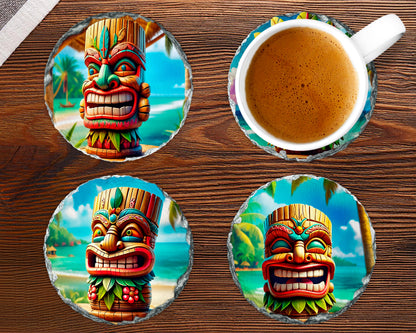 Tiki Totem Face Coasters Set - Vibrant Tropical Drink Coasters for Beach Vibes