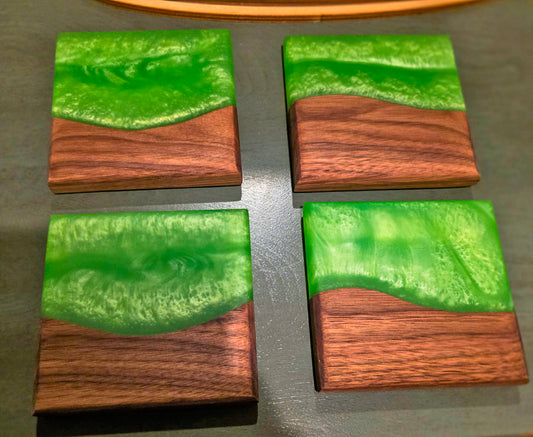 Handmade walnut and green epoxy resin square coaster set of four

