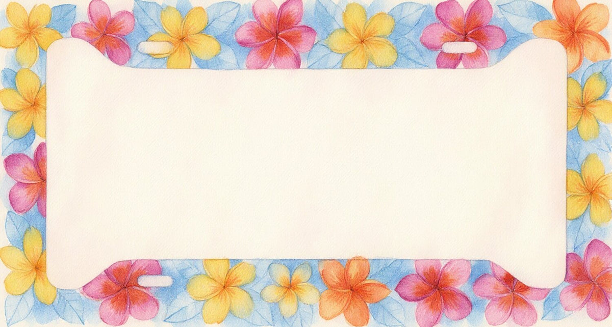 Full-width watercolor plumeria license plate frame with yellow, pink and orange flowers on a pale blue leafy border.