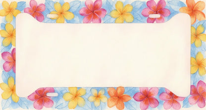 Full-width watercolor plumeria license plate frame with yellow, pink and orange flowers on a pale blue leafy border.