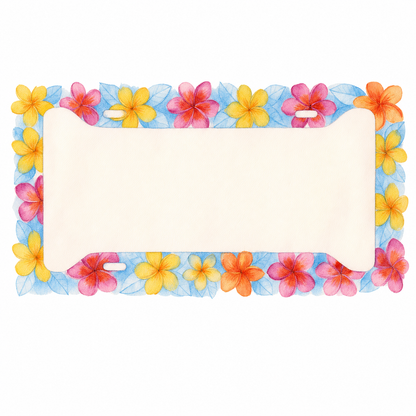 Watercolor plumeria license plate frame with yellow, pink and orange flowers and pale blue leaves centered on a white square background.