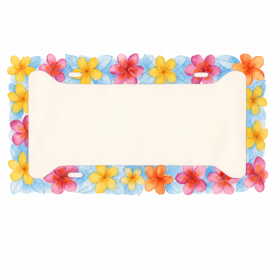 Watercolor plumeria license plate frame with yellow, pink and orange flowers and pale blue leaves centered on a white square background.